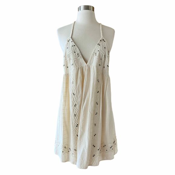 ZARA Mini Dress with Studs Sleeveless V-Neck Braided Straps Ecru White XL NWT - Picture 7 of 10